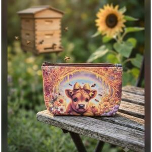 Handcrafted 6x4 Clear-Back Pouch - Adorable Cow with Bow, Honey, and Bees Theme